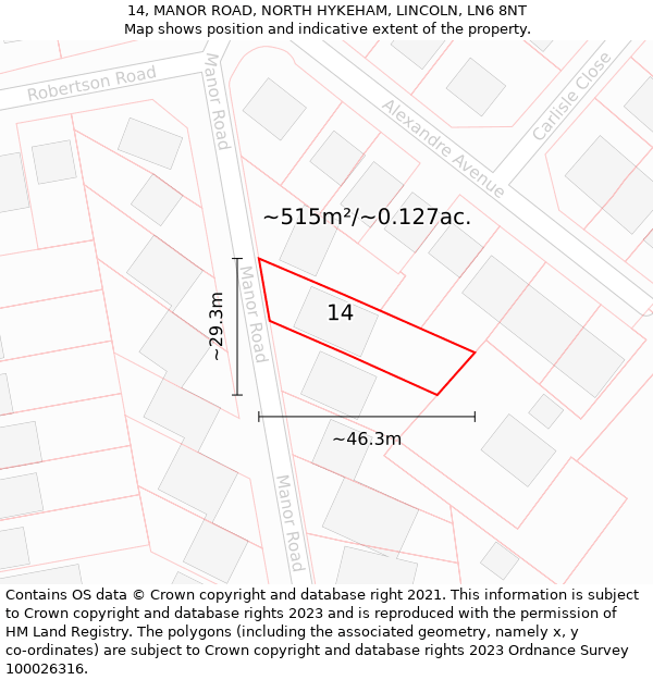 14, MANOR ROAD, NORTH HYKEHAM, LINCOLN, LN6 8NT: Plot and title map