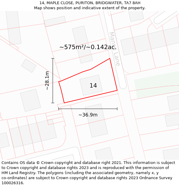 14, MAPLE CLOSE, PURITON, BRIDGWATER, TA7 8AH: Plot and title map