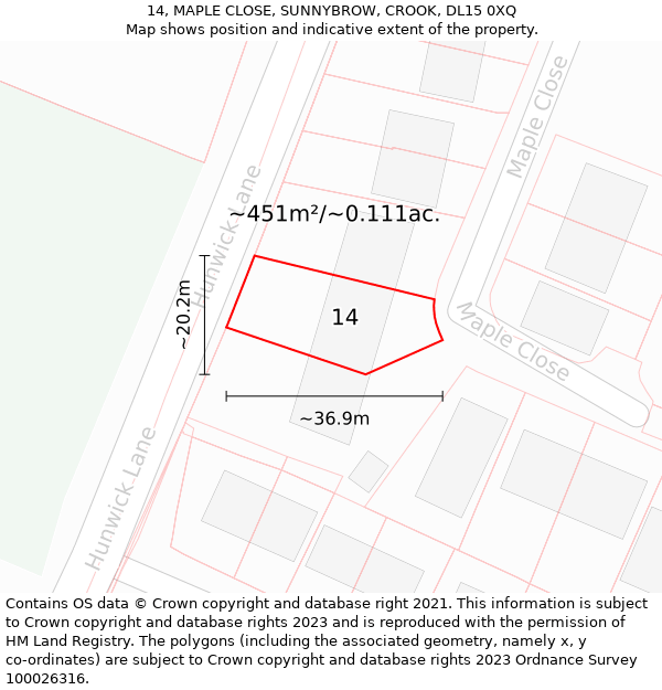 14, MAPLE CLOSE, SUNNYBROW, CROOK, DL15 0XQ: Plot and title map