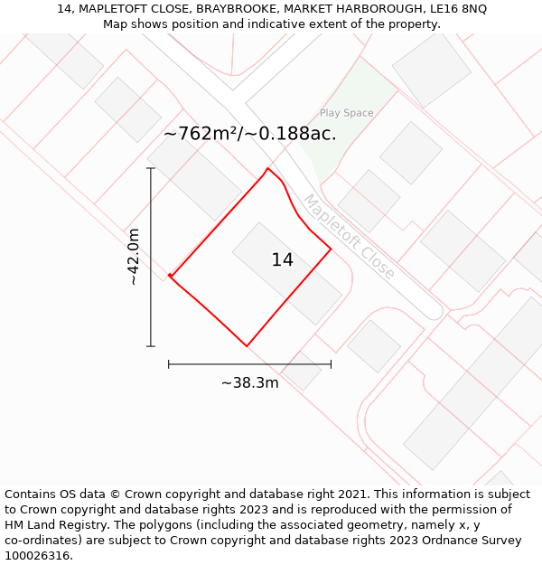 14, MAPLETOFT CLOSE, BRAYBROOKE, MARKET HARBOROUGH, LE16 8NQ: Plot and title map