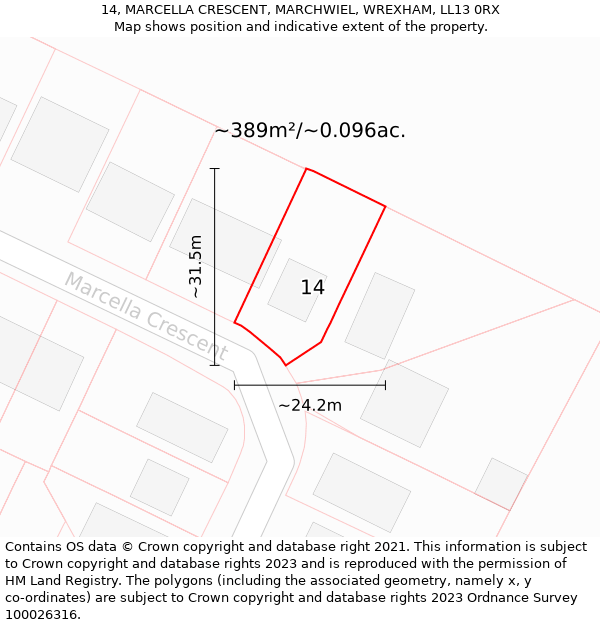 14, MARCELLA CRESCENT, MARCHWIEL, WREXHAM, LL13 0RX: Plot and title map