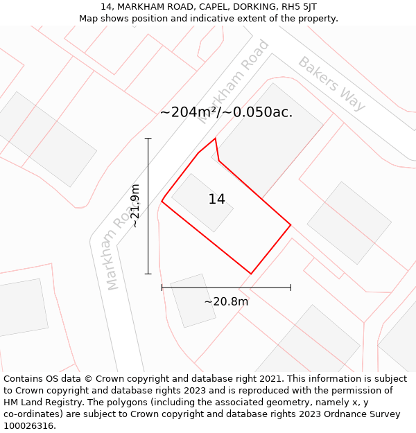 14, MARKHAM ROAD, CAPEL, DORKING, RH5 5JT: Plot and title map