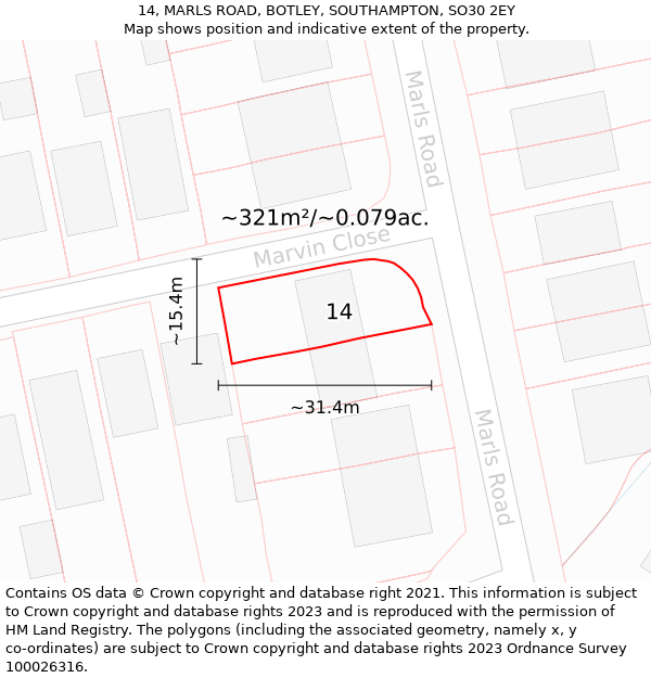 14, MARLS ROAD, BOTLEY, SOUTHAMPTON, SO30 2EY: Plot and title map