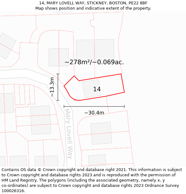 14, MARY LOVELL WAY, STICKNEY, BOSTON, PE22 8BF: Plot and title map