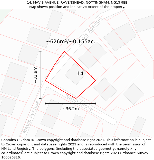 14, MAVIS AVENUE, RAVENSHEAD, NOTTINGHAM, NG15 9EB: Plot and title map