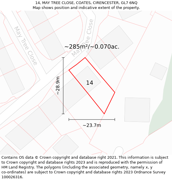 14, MAY TREE CLOSE, COATES, CIRENCESTER, GL7 6NQ: Plot and title map