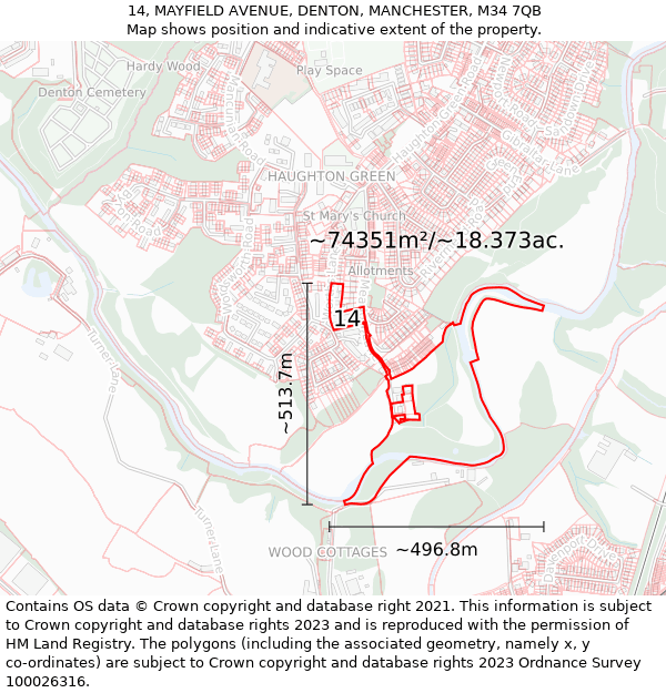 14, MAYFIELD AVENUE, DENTON, MANCHESTER, M34 7QB: Plot and title map