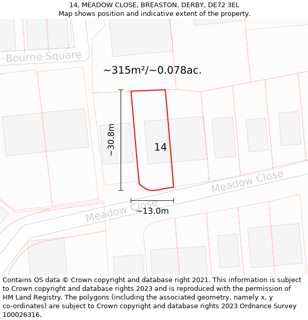 14, MEADOW CLOSE, BREASTON, DERBY, DE72 3EL: Plot and title map