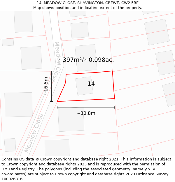 14, MEADOW CLOSE, SHAVINGTON, CREWE, CW2 5BE: Plot and title map