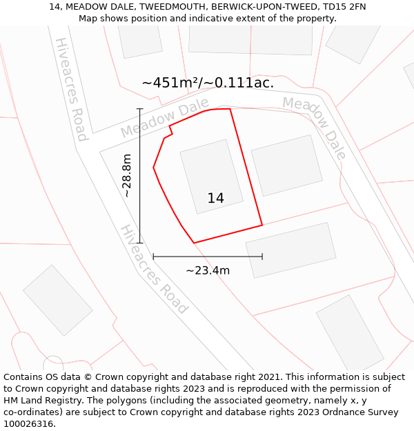 14, MEADOW DALE, TWEEDMOUTH, BERWICK-UPON-TWEED, TD15 2FN: Plot and title map