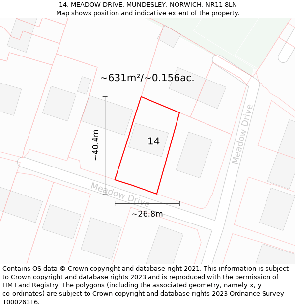 14, MEADOW DRIVE, MUNDESLEY, NORWICH, NR11 8LN: Plot and title map