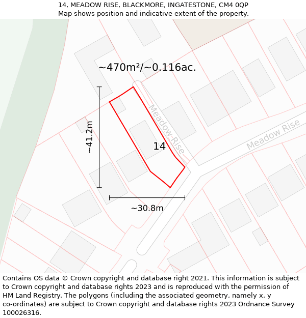 14, MEADOW RISE, BLACKMORE, INGATESTONE, CM4 0QP: Plot and title map