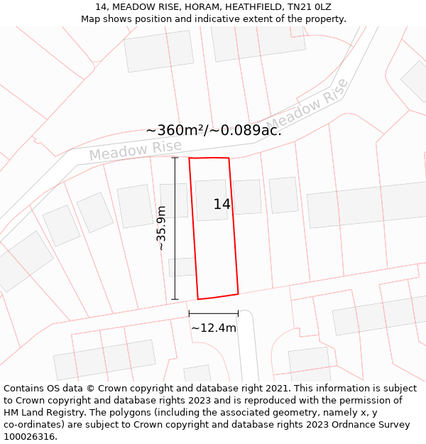 14, MEADOW RISE, HORAM, HEATHFIELD, TN21 0LZ: Plot and title map