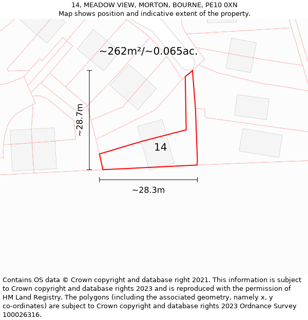 14, MEADOW VIEW, MORTON, BOURNE, PE10 0XN: Plot and title map