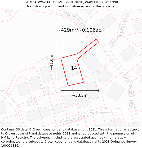 14, MEADOWGATE DRIVE, LOFTHOUSE, WAKEFIELD, WF3 3SR: Plot and title map