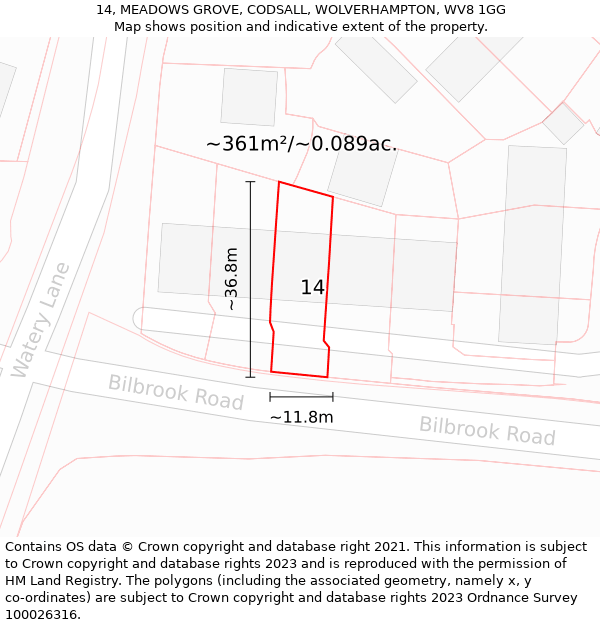 14, MEADOWS GROVE, CODSALL, WOLVERHAMPTON, WV8 1GG: Plot and title map