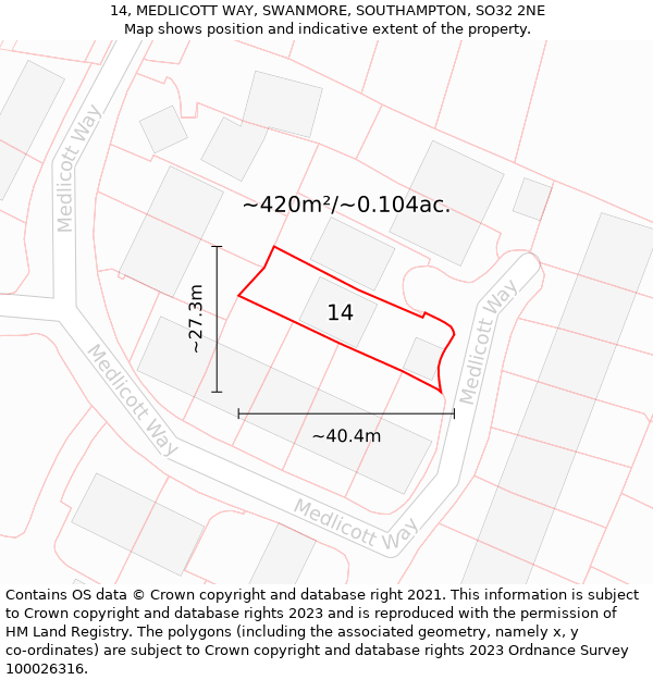 14, MEDLICOTT WAY, SWANMORE, SOUTHAMPTON, SO32 2NE: Plot and title map