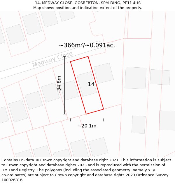 14, MEDWAY CLOSE, GOSBERTON, SPALDING, PE11 4HS: Plot and title map