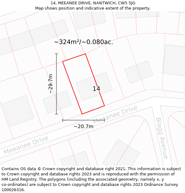 14, MEEANEE DRIVE, NANTWICH, CW5 5JG: Plot and title map