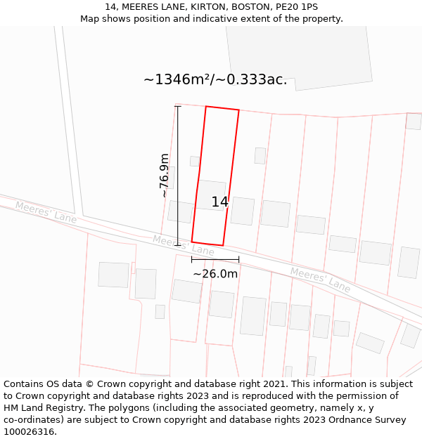 14, MEERES LANE, KIRTON, BOSTON, PE20 1PS: Plot and title map