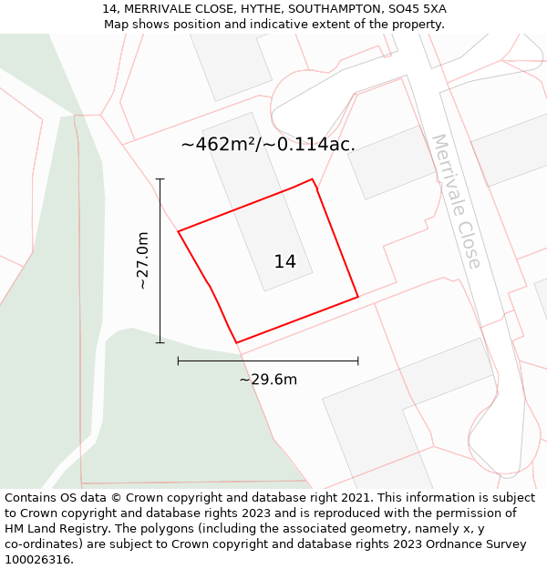 14, MERRIVALE CLOSE, HYTHE, SOUTHAMPTON, SO45 5XA: Plot and title map