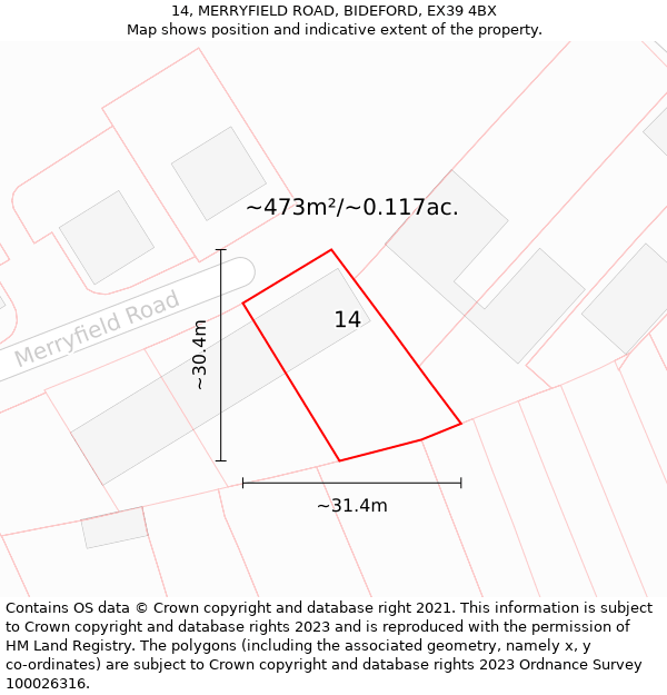 14, MERRYFIELD ROAD, BIDEFORD, EX39 4BX: Plot and title map