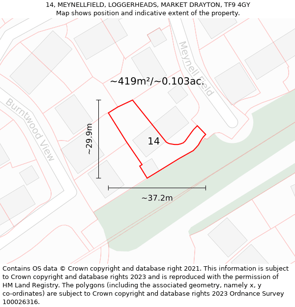 14, MEYNELLFIELD, LOGGERHEADS, MARKET DRAYTON, TF9 4GY: Plot and title map