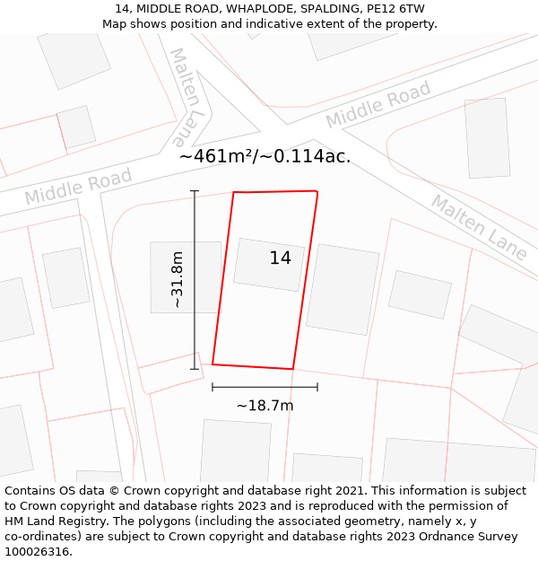 14, MIDDLE ROAD, WHAPLODE, SPALDING, PE12 6TW: Plot and title map