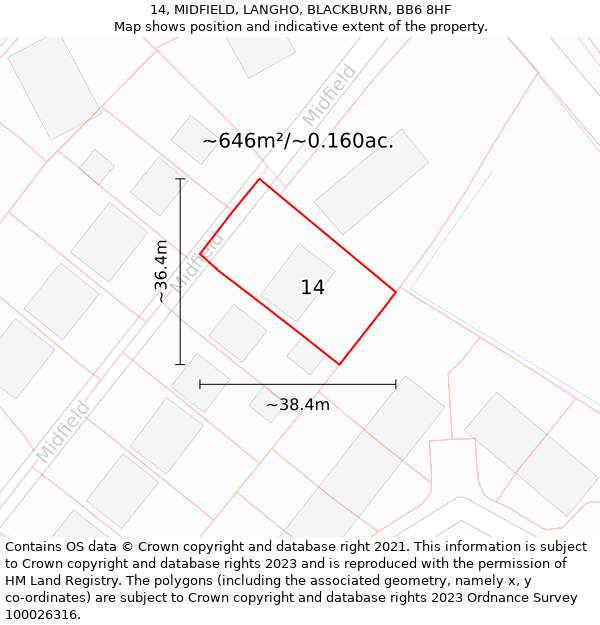 14, MIDFIELD, LANGHO, BLACKBURN, BB6 8HF: Plot and title map