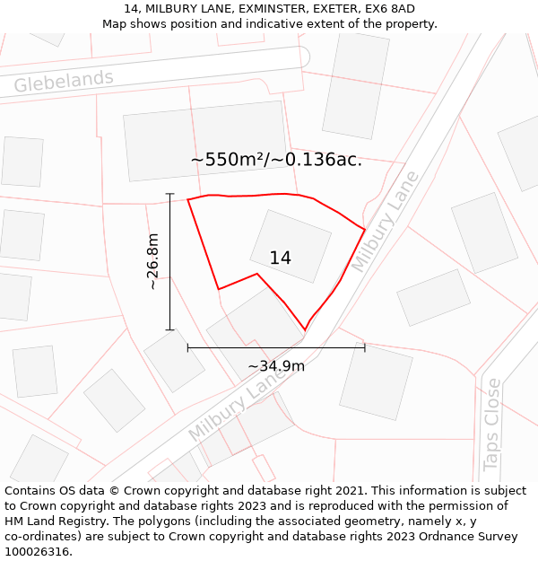 14, MILBURY LANE, EXMINSTER, EXETER, EX6 8AD: Plot and title map