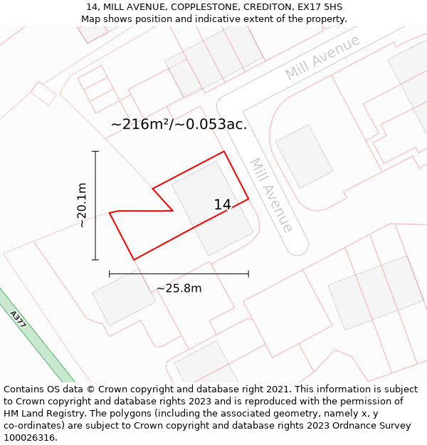 14, MILL AVENUE, COPPLESTONE, CREDITON, EX17 5HS: Plot and title map