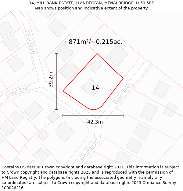 14, MILL BANK ESTATE, LLANDEGFAN, MENAI BRIDGE, LL59 5RD: Plot and title map