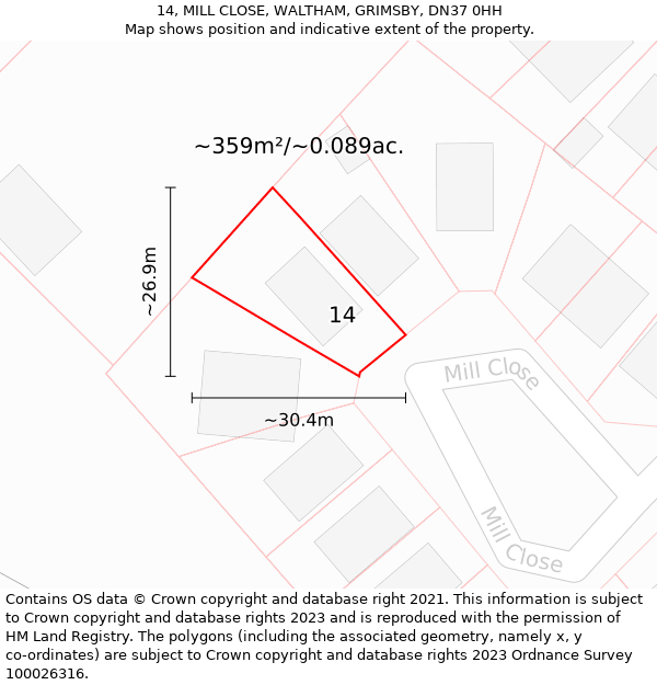 14, MILL CLOSE, WALTHAM, GRIMSBY, DN37 0HH: Plot and title map