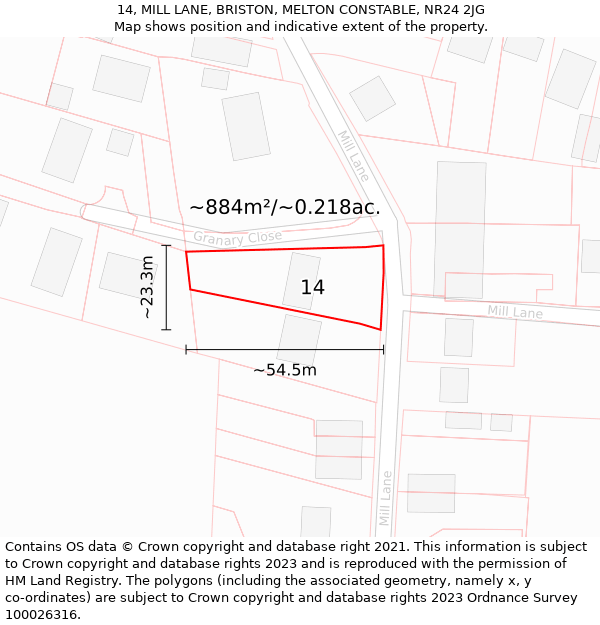 14, MILL LANE, BRISTON, MELTON CONSTABLE, NR24 2JG: Plot and title map