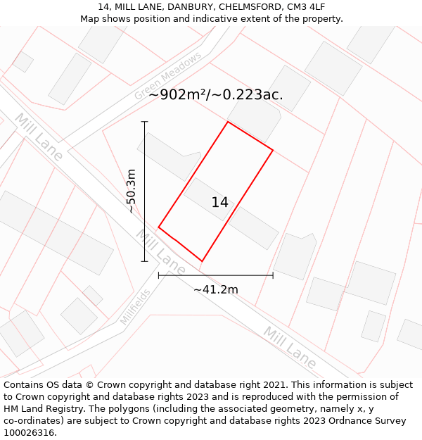 14, MILL LANE, DANBURY, CHELMSFORD, CM3 4LF: Plot and title map