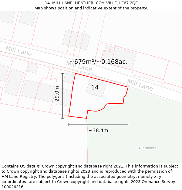 14, MILL LANE, HEATHER, COALVILLE, LE67 2QE: Plot and title map