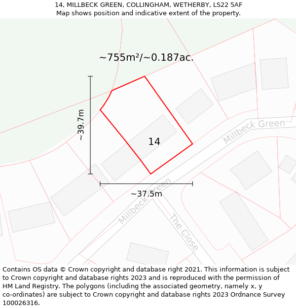 14, MILLBECK GREEN, COLLINGHAM, WETHERBY, LS22 5AF: Plot and title map