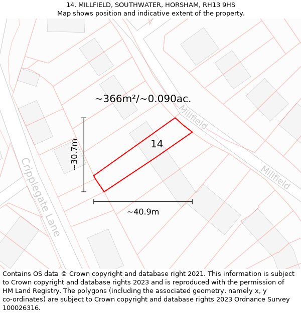 14, MILLFIELD, SOUTHWATER, HORSHAM, RH13 9HS: Plot and title map