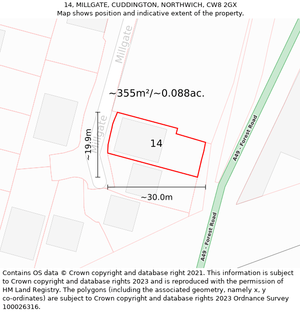 14, MILLGATE, CUDDINGTON, NORTHWICH, CW8 2GX: Plot and title map