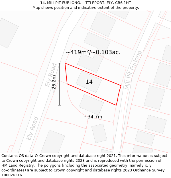 14, MILLPIT FURLONG, LITTLEPORT, ELY, CB6 1HT: Plot and title map