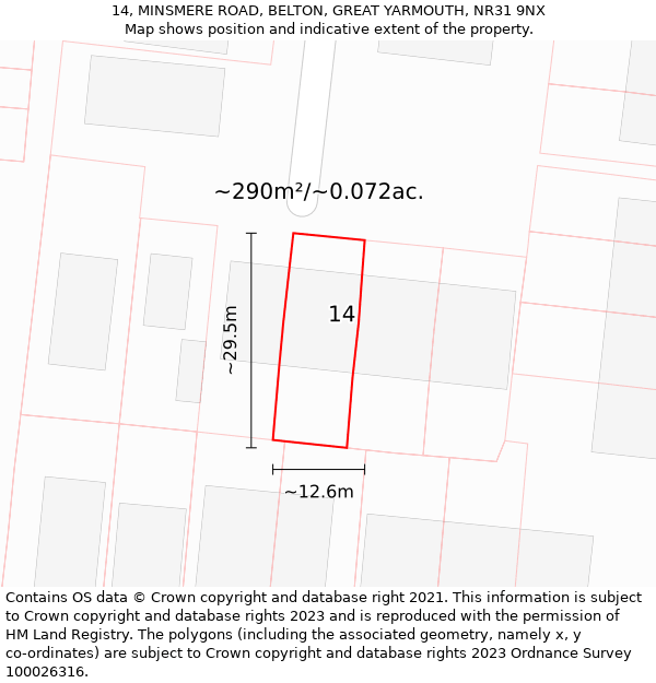 14, MINSMERE ROAD, BELTON, GREAT YARMOUTH, NR31 9NX: Plot and title map