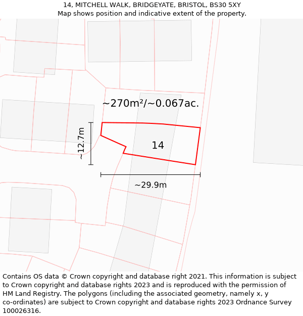 14, MITCHELL WALK, BRIDGEYATE, BRISTOL, BS30 5XY: Plot and title map