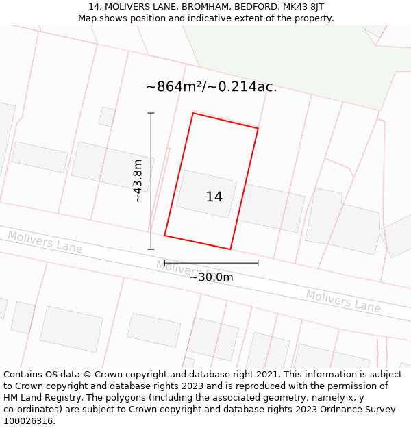14, MOLIVERS LANE, BROMHAM, BEDFORD, MK43 8JT: Plot and title map