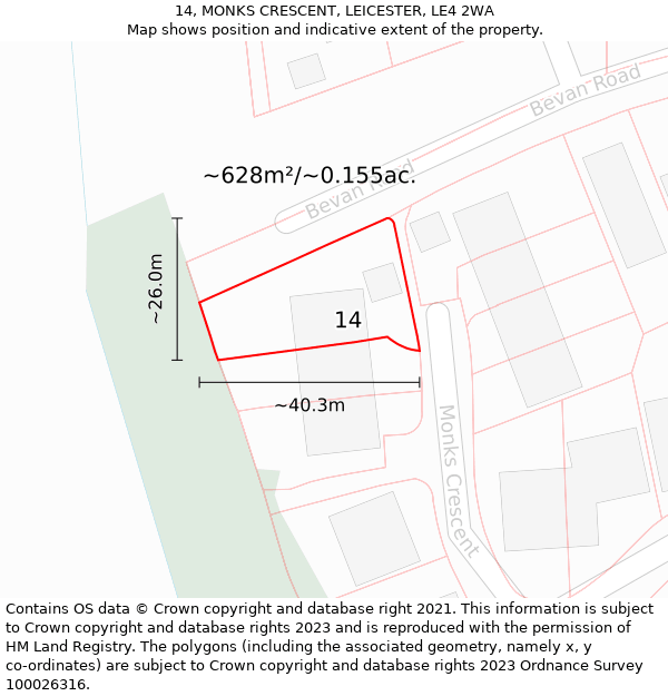 14, MONKS CRESCENT, LEICESTER, LE4 2WA: Plot and title map