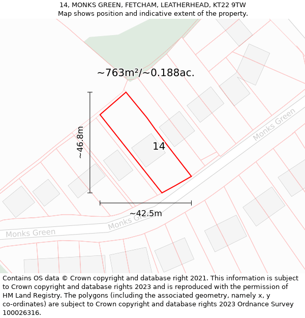 14, MONKS GREEN, FETCHAM, LEATHERHEAD, KT22 9TW: Plot and title map