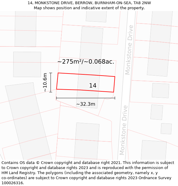 14, MONKSTONE DRIVE, BERROW, BURNHAM-ON-SEA, TA8 2NW: Plot and title map