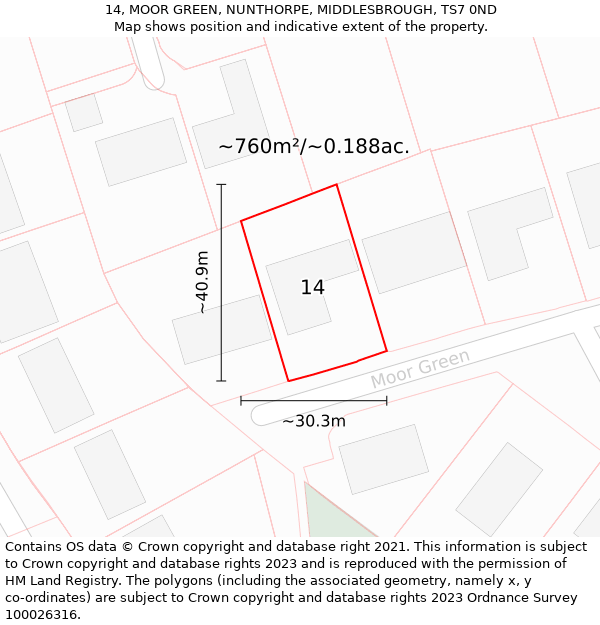 14, MOOR GREEN, NUNTHORPE, MIDDLESBROUGH, TS7 0ND: Plot and title map