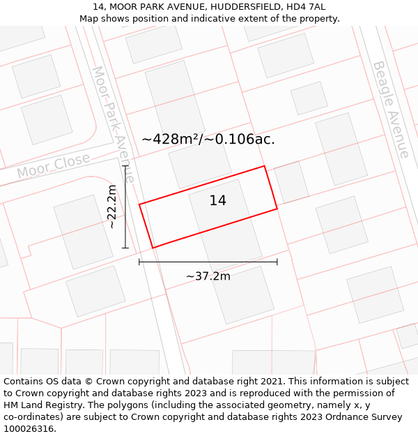 14, MOOR PARK AVENUE, HUDDERSFIELD, HD4 7AL: Plot and title map