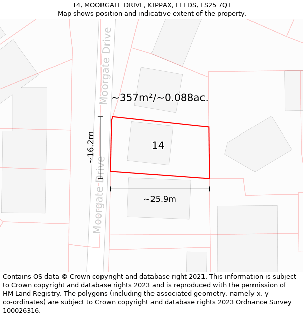 14, MOORGATE DRIVE, KIPPAX, LEEDS, LS25 7QT: Plot and title map