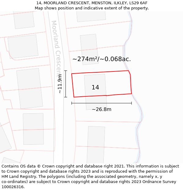 14, MOORLAND CRESCENT, MENSTON, ILKLEY, LS29 6AF: Plot and title map